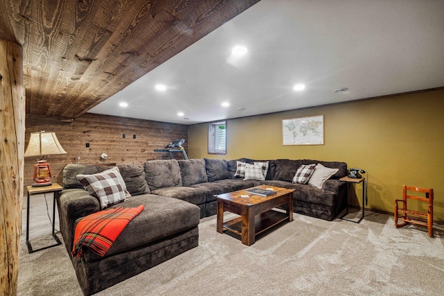 38985 337th Ln, Aitkin, MN 56431 - living room featuring carpet floors, wood walls, and recessed lighting