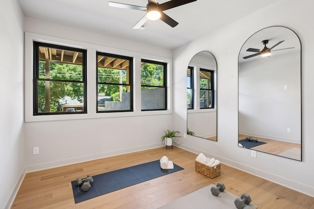 4404 58th St, Edina, MN 55424 - workout area featuring ceiling fan, healthy amount of natural light, and wood finished floors