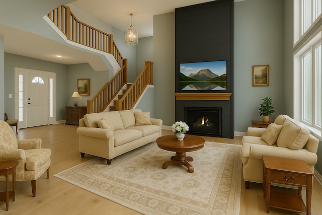 917 174th Ave NE, Ham Lake, MN 55304 - living room with wood finished floors, stairs, and a large fireplace