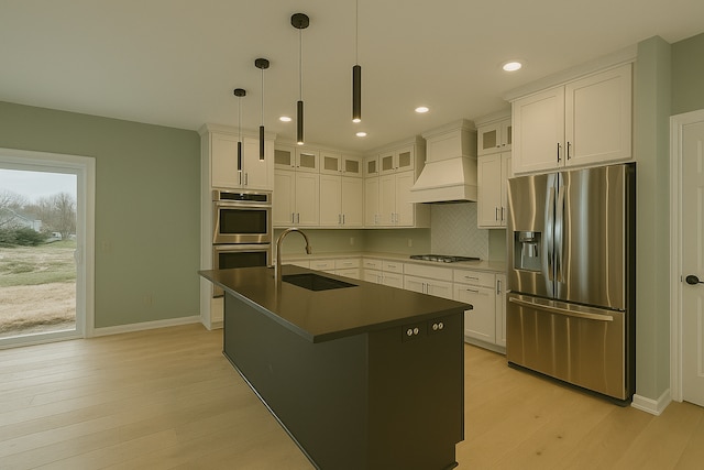 917 174th Ave NE, Ham Lake, MN 55304 - kitchen featuring appliances with stainless steel finishes, premium range hood, light wood-type flooring, white cabinetry, and recessed lighting