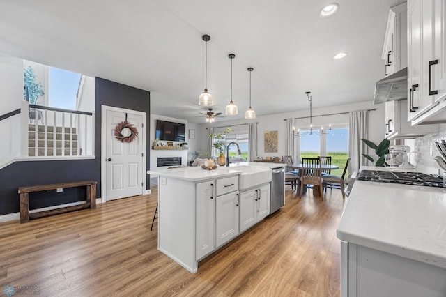 8871 Cottonwood Blvd, Horace, ND 58047 - kitchen with dishwasher, under cabinet range hood, light countertops, light wood-style flooring, and recessed lighting