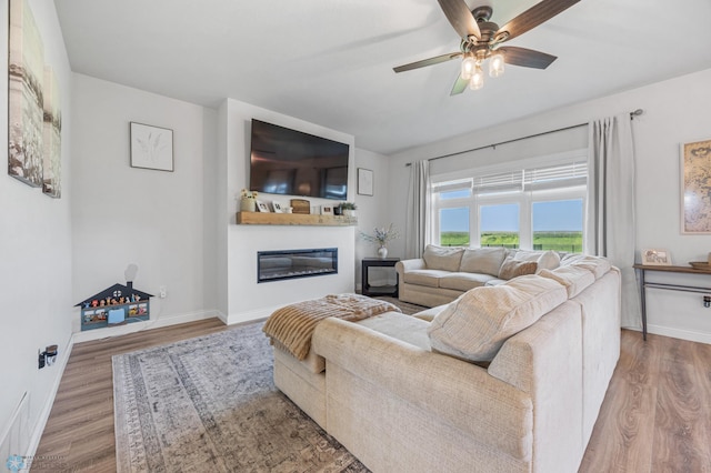 8871 Cottonwood Blvd, Horace, ND 58047 - living area featuring a ceiling fan, wood finished floors, and a glass covered fireplace
