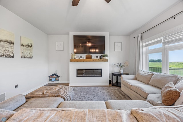 8871 Cottonwood Blvd, Horace, ND 58047 - living room with a ceiling fan, wood finished floors, and a glass covered fireplace