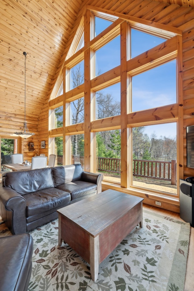 15193 Wilderness Trl, Crosslake, MN 56442 - living area with high vaulted ceiling and wood ceiling
