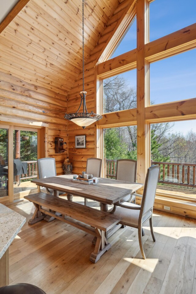 15193 Wilderness Trl, Crosslake, MN 56442 - dining area featuring high vaulted ceiling, wooden ceiling, log walls, and light wood-type flooring