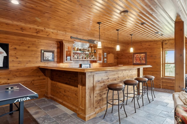 15193 Wilderness Trl, Crosslake, MN 56442 - indoor wet bar featuring stone tile flooring, wooden walls, pendant lighting, and wood ceiling