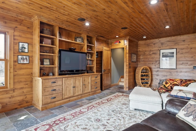 15193 Wilderness Trl, Crosslake, MN 56442 - living room featuring recessed lighting, wooden walls, wooden ceiling, and stone tile flooring