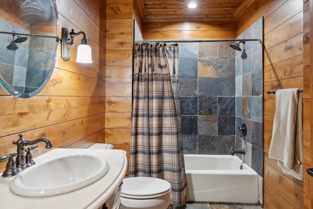 15193 Wilderness Trl, Crosslake, MN 56442 - full bath featuring shower / bath combo with shower curtain, wood walls, recessed lighting, vanity, and wooden ceiling