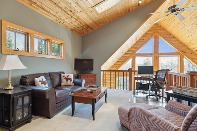 15193 Wilderness Trl, Crosslake, MN 56442 - carpeted living area featuring a ceiling fan, wood ceiling, lofted ceiling, a skylight, and a desk