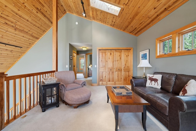 15193 Wilderness Trl, Crosslake, MN 56442 - living room featuring a skylight, carpet, wooden ceiling, and high vaulted ceiling