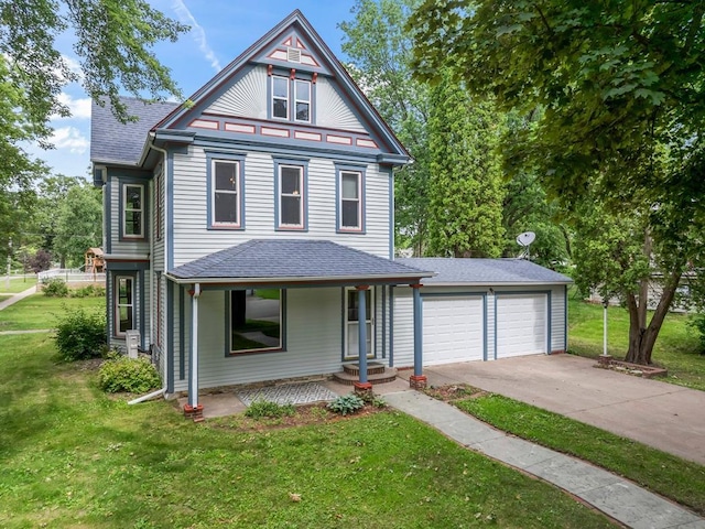 202 Cedar St, Pepin, WI 54759 - victorian-style house with covered porch, roof with shingles, a front yard, an attached garage, and concrete driveway
