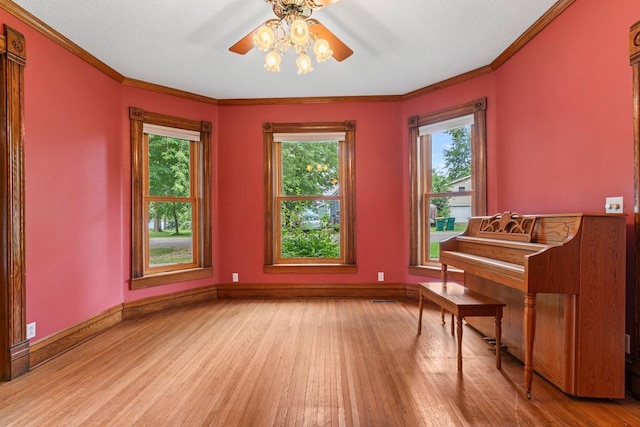 202 Cedar St, Pepin, WI 54759 - living area featuring light wood-style floors, a ceiling fan, plenty of natural light, and crown molding