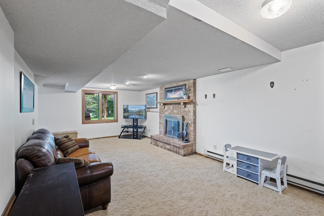 9950 204th Street Ct N, Forest Lake, MN 55025 - living area featuring a textured ceiling, carpet floors, a fireplace, and a baseboard radiator