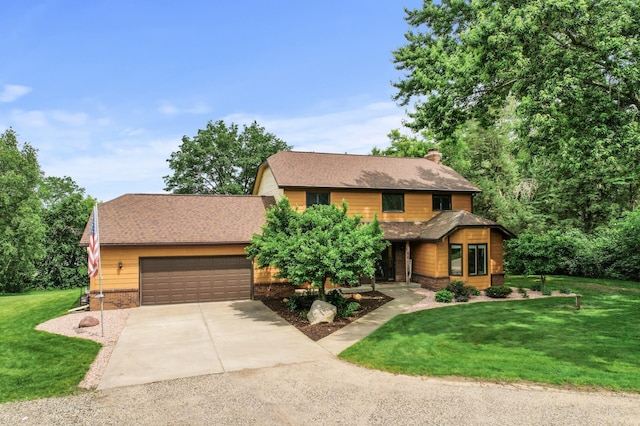9950 204th Street Ct N, Forest Lake, MN 55025 - view of front facade featuring driveway, an attached garage, a front yard, a chimney, and roof with shingles