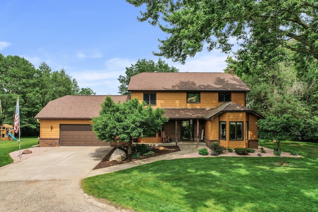 9950 204th Street Ct N, Forest Lake, MN 55025 - view of front of property featuring driveway, a front lawn, an attached garage, a playground, and covered porch