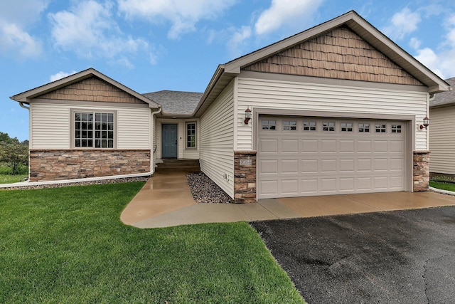 1664 Payton Ct NE, Sauk Rapids, MN 56379 - view of front facade featuring stone siding, a front yard, an attached garage, asphalt driveway, and roof with shingles