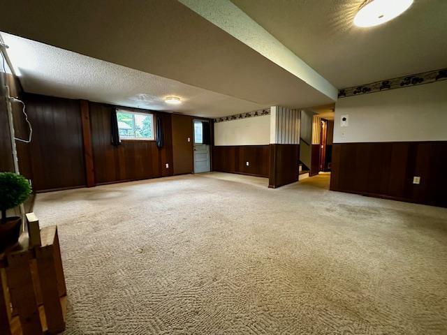 2671 4th Ave NE, Rochester, MN 55906 - below grade area featuring light colored carpet, a wainscoted wall, wood walls, a textured ceiling, and stairway