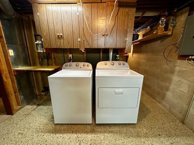 2671 4th Ave NE, Rochester, MN 55906 - washroom featuring washing machine and clothes dryer, cabinet space, electric panel, and concrete block wall