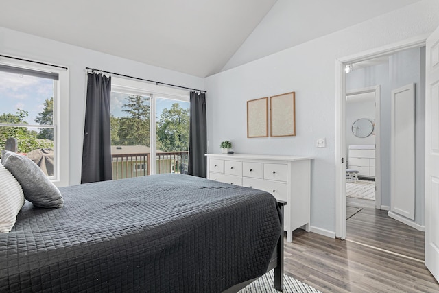 706 2nd Ave NW, New Brighton, MN 55112 - bedroom featuring access to exterior, vaulted ceiling, and light wood-type flooring