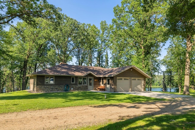 11100 Fisher Ln, Park Rapids, MN 56470 - ranch-style house with stone siding, driveway, a garage, and a front yard