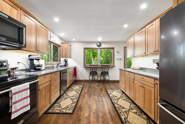 11100 Fisher Ln, Park Rapids, MN 56470 - kitchen featuring stainless steel appliances, dark wood-type flooring, recessed lighting, and dark countertops