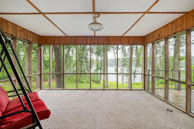 11100 Fisher Ln, Park Rapids, MN 56470 - unfurnished sunroom featuring a water view and carpet floors