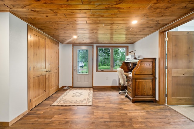 11100 Fisher Ln, Park Rapids, MN 56470 - home office with wooden ceiling, wood finished floors, and recessed lighting
