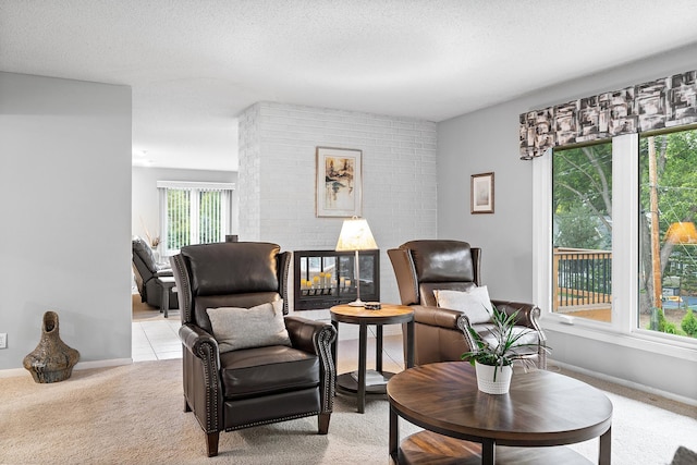 6721 Limerick Ln, Edina, MN 55439 - sitting room featuring light carpet, plenty of natural light, a fireplace, and a textured ceiling