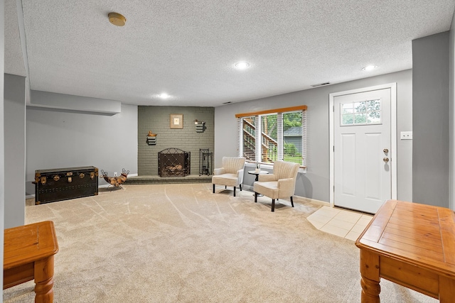6721 Limerick Ln, Edina, MN 55439 - living room with a fireplace, carpet flooring, recessed lighting, and a textured ceiling