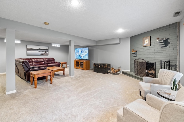 6721 Limerick Ln, Edina, MN 55439 - living room with a textured ceiling, carpet flooring, a brick fireplace, and recessed lighting