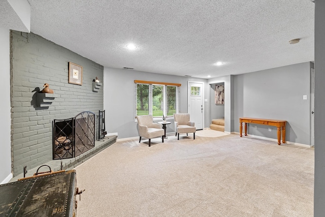 6721 Limerick Ln, Edina, MN 55439 - living area featuring carpet flooring, recessed lighting, a textured ceiling, stairs, and a brick fireplace