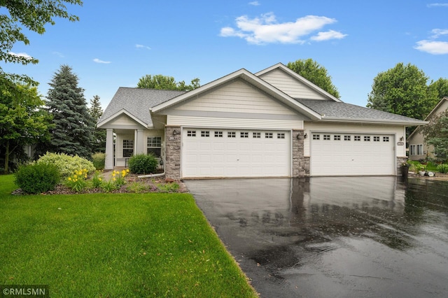 20177 Farnham Ln N, Forest Lake, MN 55025 - ranch-style home with a garage, driveway, a front lawn, and a shingled roof