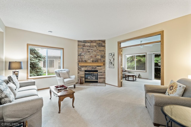 20177 Farnham Ln N, Forest Lake, MN 55025 - carpeted living room featuring a fireplace, healthy amount of natural light, and a textured ceiling