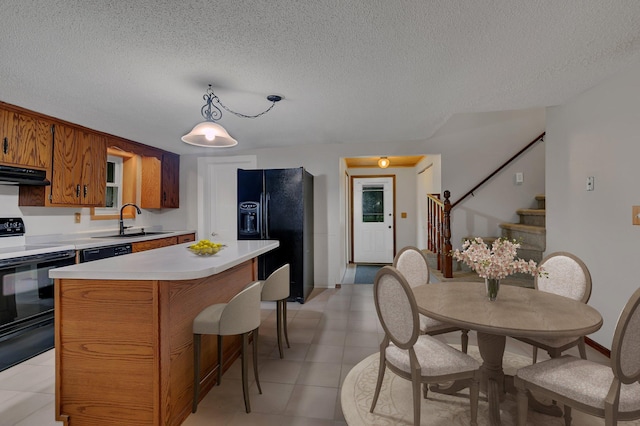 608 Summit Ave S, Sauk Rapids, MN 56379 - kitchen featuring electric range oven, black fridge with ice dispenser, ventilation hood, light countertops, and brown cabinets