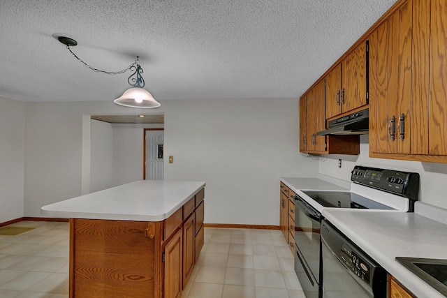 608 Summit Ave S, Sauk Rapids, MN 56379 - kitchen featuring under cabinet range hood, black appliances, brown cabinets, light countertops, and a textured ceiling