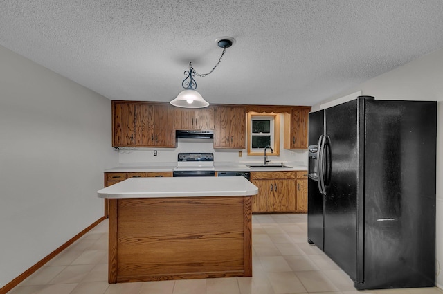 608 Summit Ave S, Sauk Rapids, MN 56379 - kitchen featuring black refrigerator with ice dispenser, electric stove, range hood, brown cabinets, and light countertops