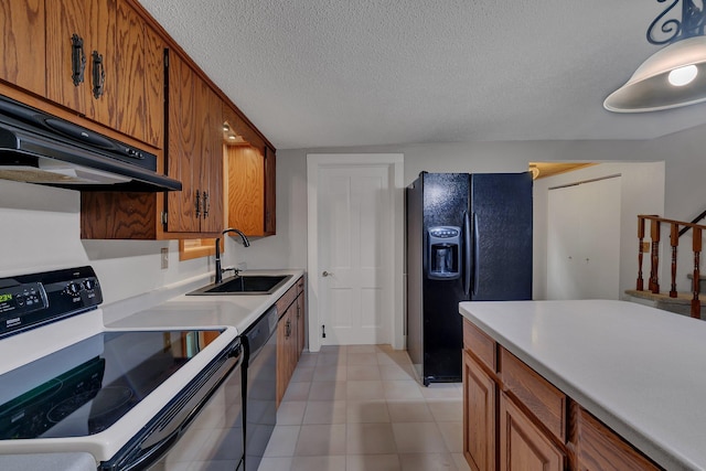 608 Summit Ave S, Sauk Rapids, MN 56379 - kitchen with white electric range, black fridge, brown cabinets, light countertops, and a textured ceiling
