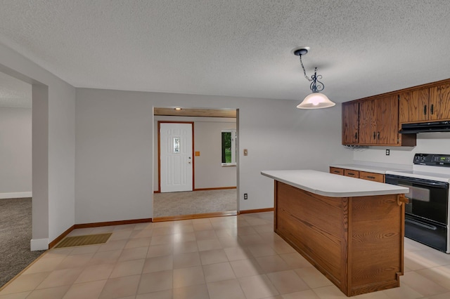 608 Summit Ave S, Sauk Rapids, MN 56379 - kitchen with range with electric cooktop, under cabinet range hood, light countertops, a textured ceiling, and brown cabinetry