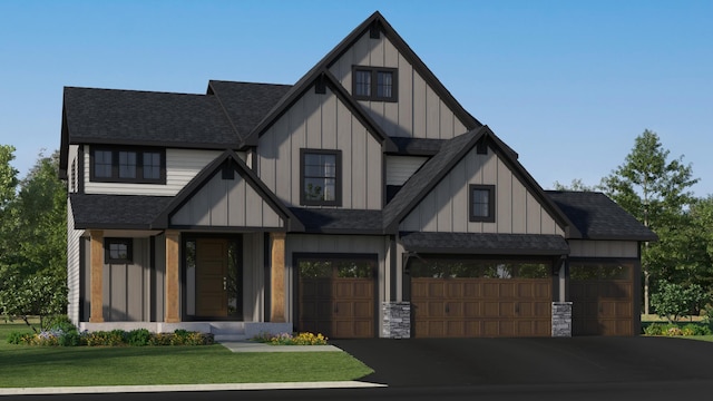 20122 63rd Ave, Corcoran, MN 55340 - view of front facade with a shingled roof, board and batten siding, asphalt driveway, and a front yard