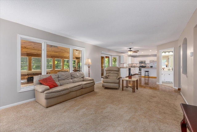 N6386 1317th St, Clifton Twp, WI 54021 - living area with light carpet, arched walkways, a ceiling fan, and a textured ceiling