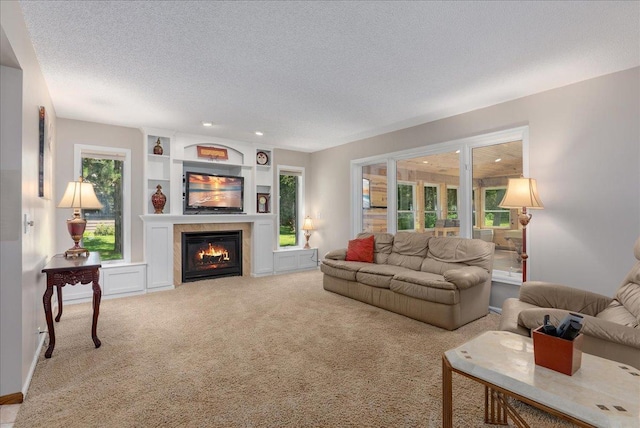 N6386 1317th St, Clifton Twp, WI 54021 - carpeted living area featuring a textured ceiling, a glass covered fireplace, recessed lighting, and built in shelves
