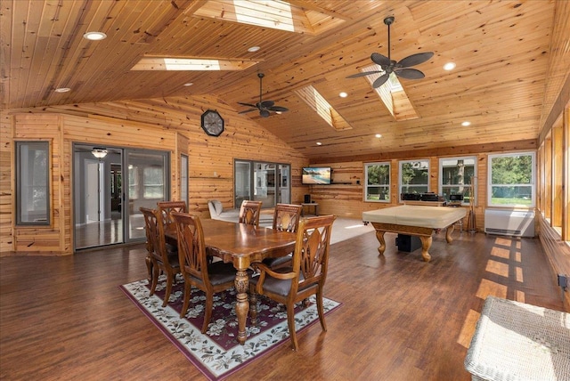 N6386 1317th St, Clifton Twp, WI 54021 - dining area with billiards, wood walls, a skylight, wood finished floors, and a wooden ceiling with exposed beams