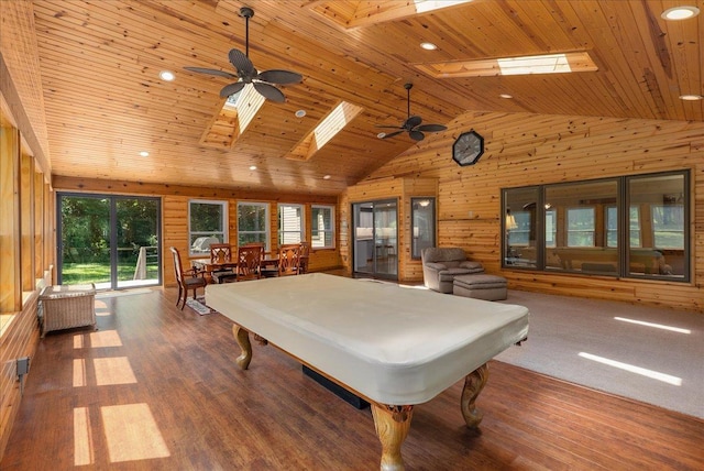 N6386 1317th St, Clifton Twp, WI 54021 - playroom featuring a skylight, a ceiling fan, billiards table, wood walls, and wood ceiling