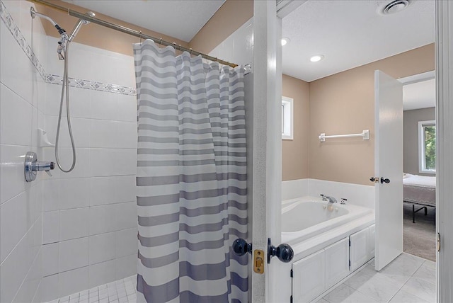 N6386 1317th St, Clifton Twp, WI 54021 - ensuite bathroom with a bath, tiled shower, marble look tiles, and recessed lighting