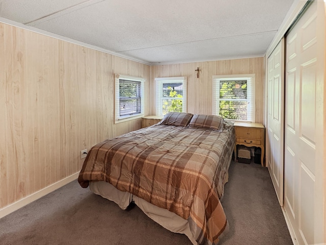 2890 216th St, Laketown Twp, WI 54853 - carpeted bedroom with wood walls, a textured ceiling, and crown molding