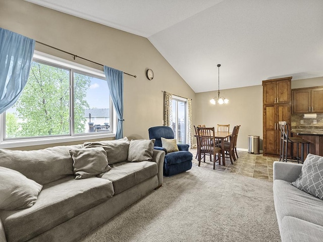 9185 Golden Pond Ln N, Monticello, MN 55362 - living room with a chandelier, lofted ceiling, and light carpet