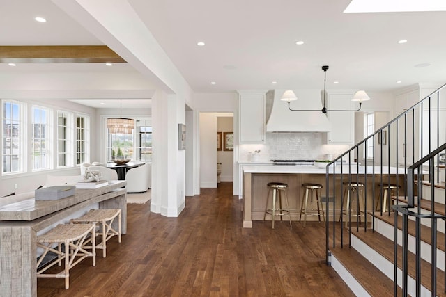 956 Mississippi River Blvd S, Saint Paul, MN 55116 - kitchen with custom exhaust hood, a chandelier, tasteful backsplash, dark wood-style floors, and recessed lighting