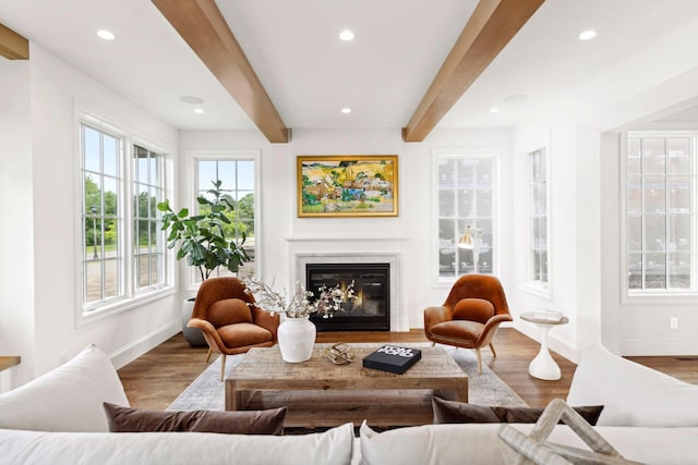 956 Mississippi River Blvd S, Saint Paul, MN 55116 - living room with beam ceiling, a glass covered fireplace, recessed lighting, and wood finished floors