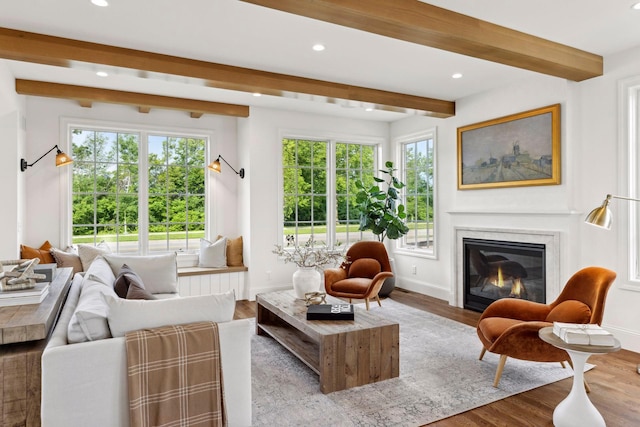 956 Mississippi River Blvd S, Saint Paul, MN 55116 - living room with beam ceiling, recessed lighting, a glass covered fireplace, and wood finished floors