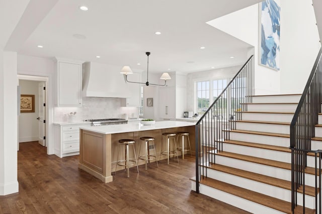 956 Mississippi River Blvd S, Saint Paul, MN 55116 - kitchen featuring custom exhaust hood, light countertops, tasteful backsplash, dark wood finished floors, and white cabinets